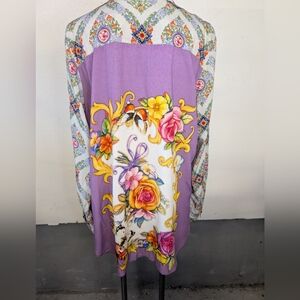 Blouse Floral Geometric Patterned Bold  Bohemian Two Rhinestone Buttons Sz S NWT